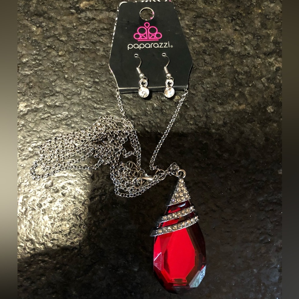 Mystical Ruby & Rhinestone Crystal Pendant Necklace & Earrings Set